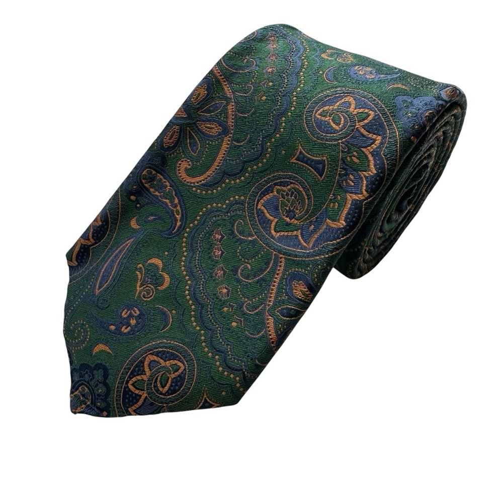 Oxxford Clothes Green Blue Current Silk Paisley AOP Tie 3.5 Inch Width